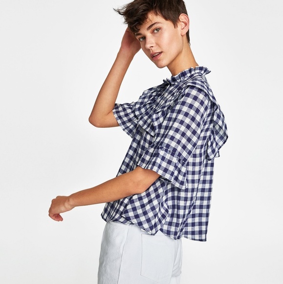 ZARA WOMAN GINGHAM BLOUSE WITH RUFFLES - Picture 4 of 8